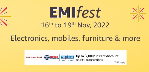 India Desire : Amazon EMI Fest: Upto 40% Off + Upto Rs.1500 Off Via Kotak, Yes & IndusInd Bank Credit Cards EMI Transaction On Mobile, Electronics &  Furnitures [16th-19th Nob 2022]